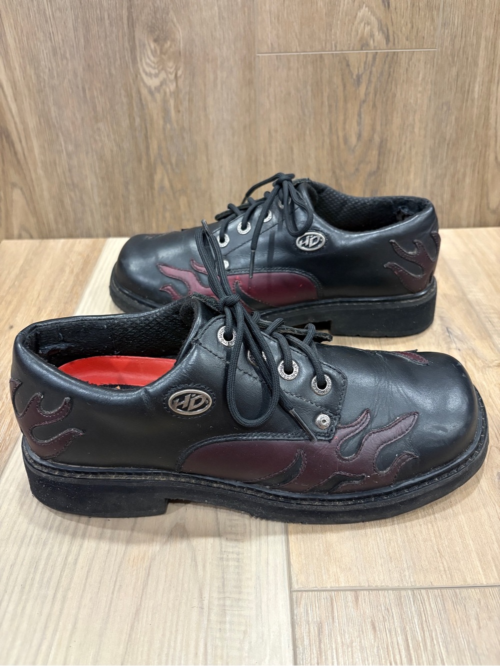 Vintage Harley Davidson Flame Leather Lace-Up Oxfords Black Burgundy size 10